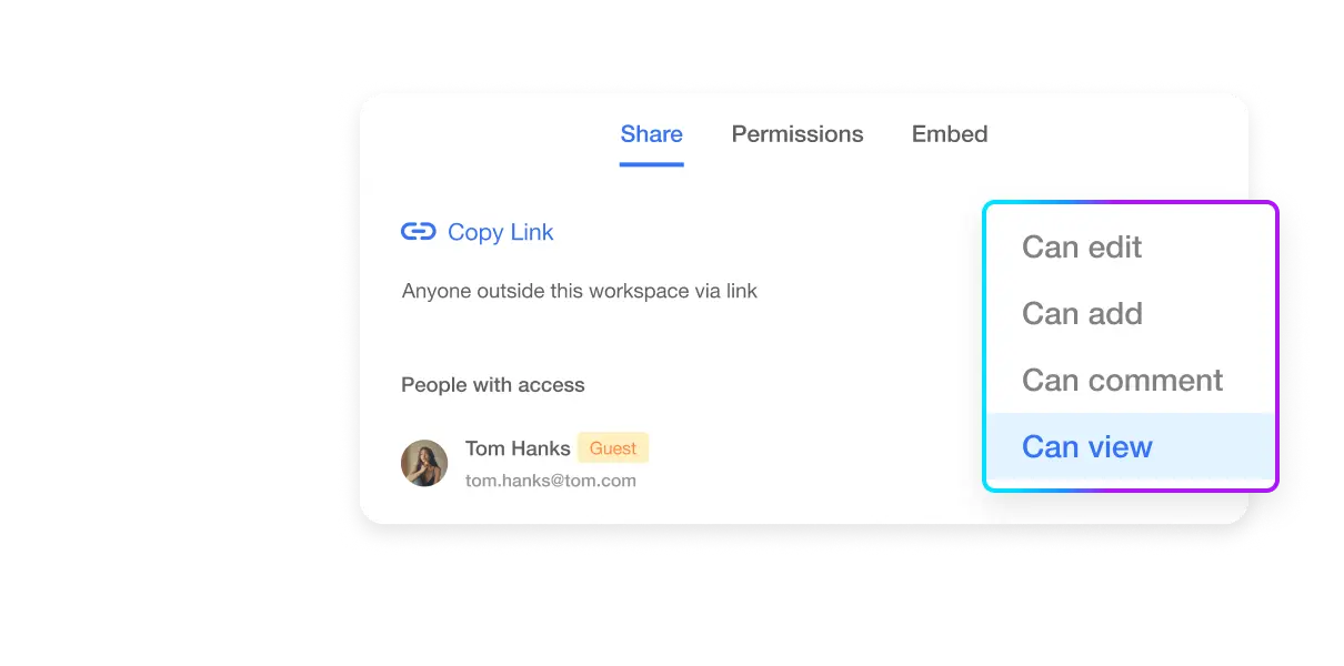 Share and manage video content - Interface showing options to invite people to video projects via email with permission levels: can edit, can add, can comment, can view, and no access, ensuring precise control and flexibility.